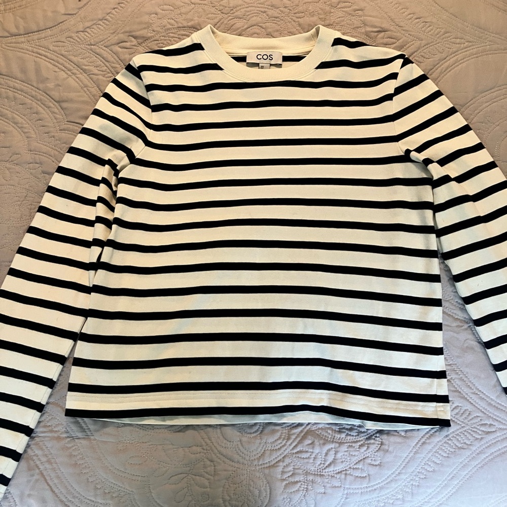 COS Navy and Cream Striped Crew Neck Top